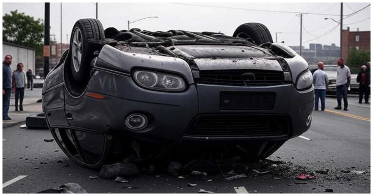 সড়কে গাড়ি উল্টে যাওয়ার এআই নির্মিত চিত্র। ছবি: গ্রোক
